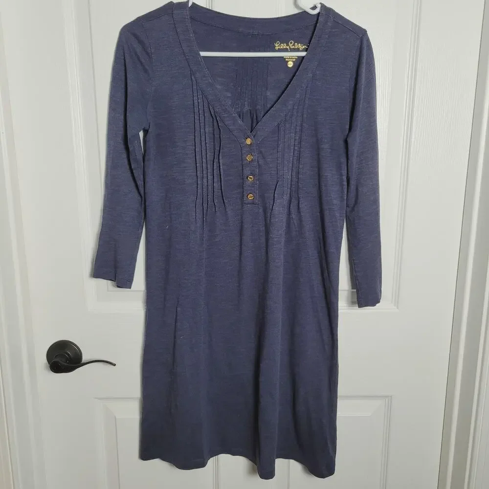 Lilly Pulitzer Dress XXS Amberly Navy Blue Pintuck Henley 3/4 Sleeve Modal Knit - Picture 1 of 11